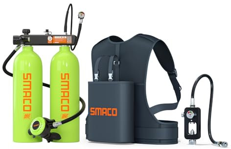 SMACO Mini Bouteille de Plongée Rechargeable 2L Double Bouteille de Plongee avec 30-45 Minutes 2 x 2L Petite Bouteille d'oxygène Plongee pour Plongée Récréative, Exploration sous-Marine S700 Max
