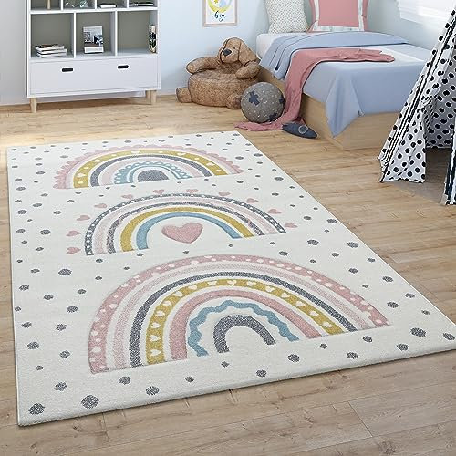 Paco Home Teppich Kinderzimmer Kinderteppich Junge Mädchen Spielteppich Regenbogen Herz Punkte Modern Creme Gelb Blau Rosa, Grösse:80x150 cm