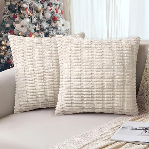 AUAUY 2er Set Kissenbezüge Kord Kissenhülle, 40x40 cm Kissenbezug Kordsamt, Weihnachten Dekoration, Moderne Boho Dekor Kissenhüllen, Weiche Zierkissenbezüge Kissen für Sofa Sessel Schlafzimmer-Beige-B