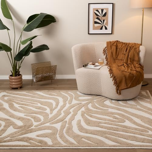 FRAAI | Home & Living Waschbarer Teppich - Dunya Zebra Beige Weiß - Polyester - Kurzflor - Tier - Waschbar in Waschmaschine - Modern - Wohnzimmer, Esszimmer, Schlafzimmer - Carpet