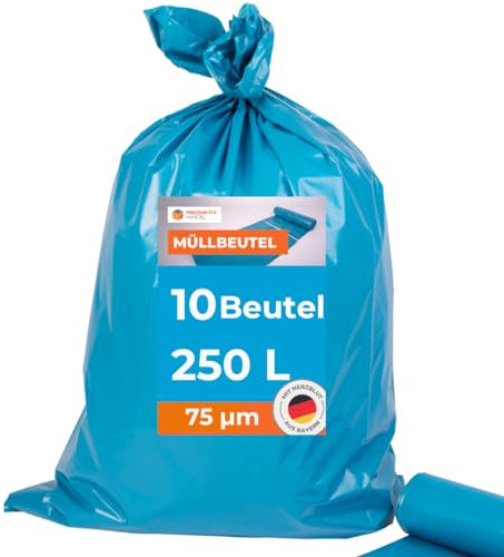 Müllsäcke 10 Stück - 1 Rolle | 250l extra große starke blaue Müllbeutel | große stabile Abfallsäcke 75µm | 100% Recyclinganteil | sehr reißfest & wasserdicht
