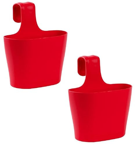 ENGELLAND 2 x Blumentopf zum Auf-Hängen, Geländertopf, Rot, Hängetopf, Balkon-Kasten, oval, Übertopf, Pflanzkasten, mit Wasserspeicher/Wasserauffangschale, 2,8 Liter