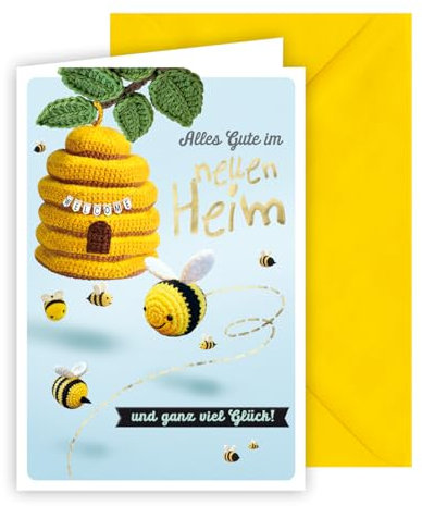 KE - Glückwunschkarte zum Umzug, inkl. Umschlag, DIN B6 Format, Umzugsgrüße für neues Heim, gelb, Motiv: Bienenhaus und Bienen