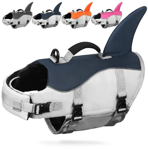 AMZNOVA Shark Hundeschwimmweste, Schwimmweste with Flossen & Haiflosse, Rettungsweste Hund für Bootfahren, Schwimmhilfe & Leichte, XL, Majolikablau