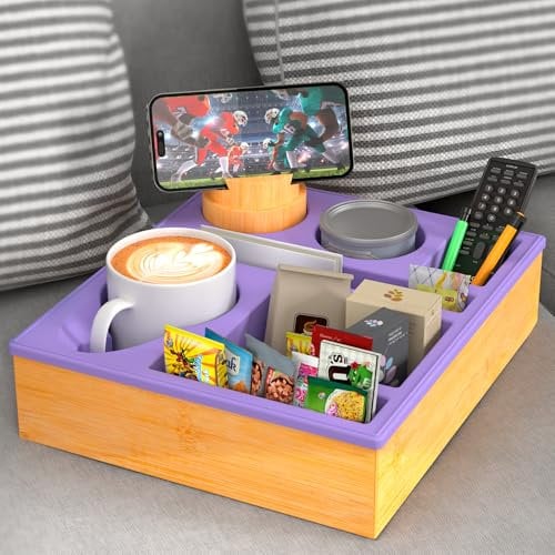 Vassoi per divano - Vassoio portaoggetti per divano, vassoio da spiaggia in silicone con portabicchieri, vassoio per divano e letto, vassoio da tavolo per snack e bevande (viola)