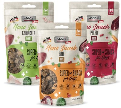 MACs Dog Mono Snack Multipack 3 x 100g Probierpaket | Getreidefreier, hochfleischiger Soft-Snack | natürlicher Hundesnack ohne Zusatzstoffe | ideal für empfindliche Hunde | Pferd, Ente & Kaninchen