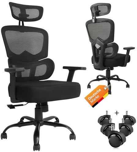TITANO Ergonomischer Bürostuhl - Schreibtischstuhl mit Verstellbarer Höhe, Kopfstütze und Armlehnen. Drehstuhl mit Wippfunktion, Lendenwirbelstütze, 12cm Memory Foam | 150kg Belastbar