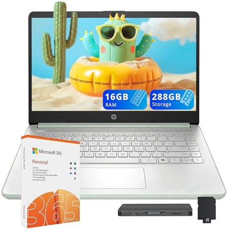 HP Stream 14 HD Laptop per studenti e aziende, processore Intel N150, 16 GB di RAM, Intel Graphics, 288 GB di memoria (SSD da 128 GB + set di docking station da 160 GB), 1 anno Office 365, Copilot