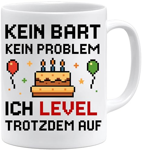 Jungle Mug | Level Up Geburtstagstasse | Lustige Gaming Tasse mit Pixel Kuchen Motiv für Gamer | Geschenkidee zum 18. Geburtstag Junge Nerd | Keramik, weiss, 330 ml