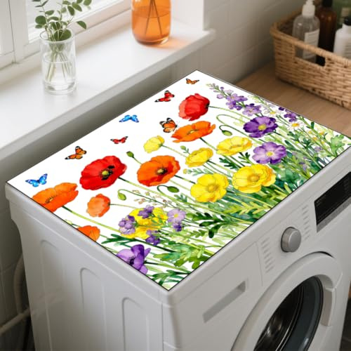 GLOBLELAND Flowers Bushes Washer Dryer Dust Cover 23.6×19.69inch Flowers Butterfly Washing Machine Top Protector Pads Non Slip Washing Machine Top Covers for Laundry Room Coffee Machine Placemat