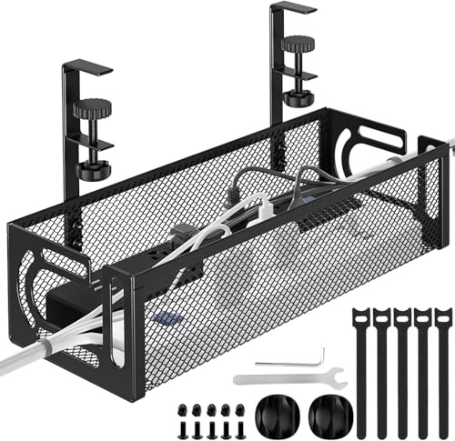 MiDARAH Under Desk Cable Management Tray No Drill, 40CM Sturdy Metal Mesh Cable Management Under Desk Organiser with Clamp Mount, Wire Management Tray, Cord Organiser for Home Office - Black