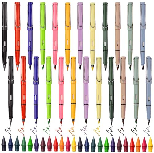 Swify Zauberbuntstift, 24pcs Swify Buntstifte, Bunte Ewiger Bleistift, Ewiger Buntstifte mit Radiergummi, Zauber Buntstift Ohne Anspitzen, Ewiger Bleistift mit austauschbaren, für Kinder Schüler Büro