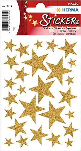 HERMA 15129 Aufkleber Sterne Glitzer Gold, 27 Stück, Stern Sticker aus Folie, Weihnachtssticker Sternaufkleber für Weihnachten Geschenke Adventskalender Dekoration Kinder Belohnung DIY Basteln