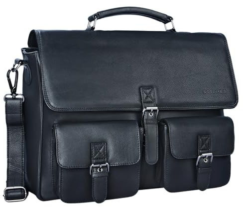 STILORD Victor Vintage Aktentasche Herren Leder Moderne Businesstasche für große A4 Aktenordner XL Umhängetasche 15.6 Zoll mit Dreifachtrenner aus echtem Leder Farbe:schwarz