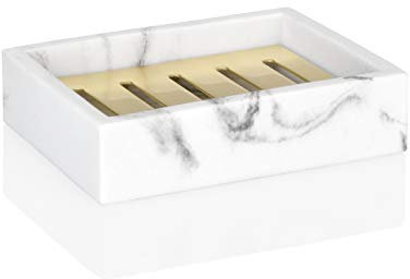 Porte Savon Rectangulaire en Résine Effet Marbre Blanc et Métal Doré