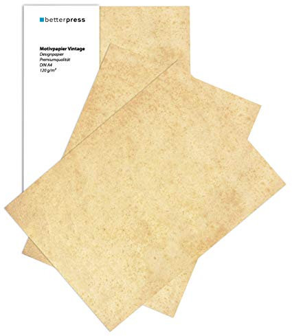 Betterpress® 50 Blatt DIN A4 120 g/m² Urkundenpapier A4 bedruckbar Gastropapier Briefpapier Altes Vintage Papier Elefantenhaut Papier Speisekartenpapier beidseitig Schatzkarte Flaschenpost