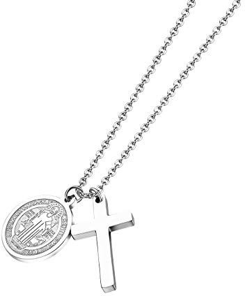 JewelryWe Schmuck Herren Halskette mit Retro Jesus Runder Kreis Tag Kreuz Anhänger Edelstahl Poliert Religiöse Kette 20 Zoll Silber