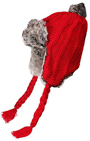 ZLYC Damen Winter Peruanische Mütze Strickmütze Warme Ohrenklappe Beanie Kunstpelz Pompon Mütze (Häkeln Rot),Einheitsgröße