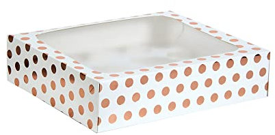 Anniversary House Cupcake Box with Window and Removable 12 Hole Insert, Rose Gold Polka Dot Print, Easy Assembly, 7.5 x 25 x 31 CM, J105
