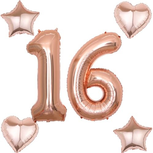 2 Luftballons Zahl 16 rosegold+4 pcs herz/stern Folienballon 16 .Geburtstag Deko mädchen rosegold ,40 Luftballons 16 .geburtstagsdeko mädchen 16 jahre,ballon 16. geburtstag deko (rosegold 16)
