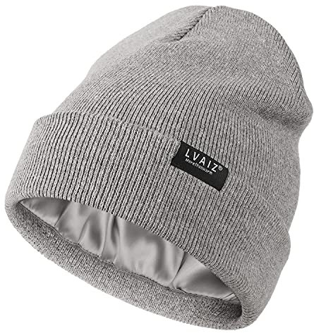 Satin gefütterte Wintermütze für Damen, Strickmütze mit Seidenfutter, Unisex, solide Totenkopfmütze, Hellgrau, Einheitsgröße