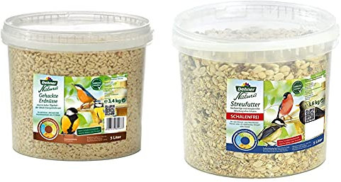 Dehner Natura Wildvogelfutter, gehackte Erdnüsse, 5 l (3.4 kg) & Natura Wildvogelfutter, schalenfreies Streufutter, 3.6 kg