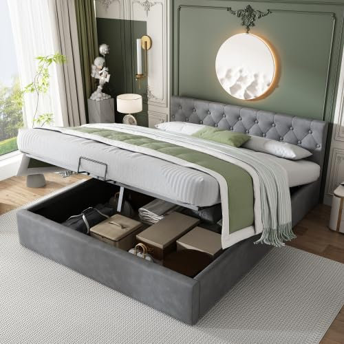 Kayan Bett mit Bettkasten Samt-Stoff Polsterbett Lattenrost Doppelbett Stauraum Holzfuß, 140 x 200cm (Grau)