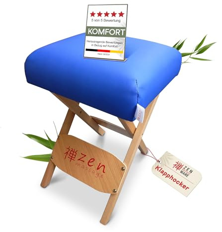 Zen tragbarer Klapphocker faltbar aus Holz 48 x 33 x 33 cm vielseitige Hocker ideal als Massage Zubehör Falthocker, Friseurhocker, Kosmetikhocker, Arzthocker - Klappstuhl geplostert & bequem (Blau)