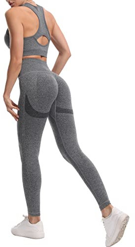 JOJOANS Damen 2-teiliges Nahtloses Trainingsanzug Yoga Outfit Jogginganzug Set Freizeitanzug(Grau, L)