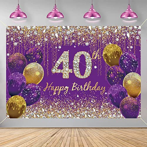 40th Birthday Decorations for Women, Purple Glitter Spots Fabric Sign Poster 40 Years Old Party Decoration, 40th Birthday Photo Background Banner Party Supplies Welcome Sign, 150 cm x 90 cm