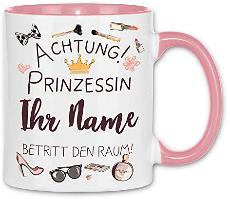 wowshirt Tasse Prinzessin Betritt den Raum mit Namen Selbst Gestalten Individuell Personalisiert Kollege, Farbe:White - Pink