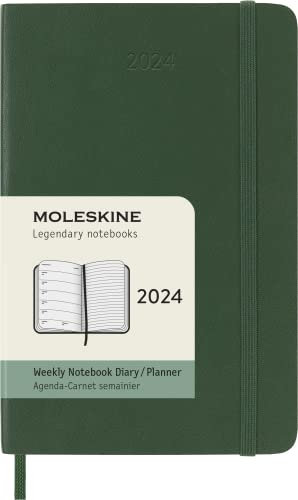 Moleskine Wochenplaner mit Platz für Notizen 12 Monate 2024, Planer 2024, Pocket Format 9x14, Weicher Einband und elastischer Verschluss, Farbe Myrtegrün