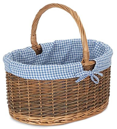 Red Hamper C083blue Wicker Large Blue Checked Lined Country Oval Shopping Basket