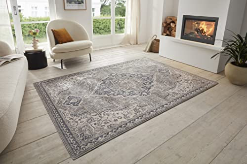 Hanse Home Orken Teppich Orientalisch –Kurzflor Vintage Wohnzimmerteppich Weicher Orient-Teppich ÖKO-TEX Läufer für Schlafzimmer, Esszimmer, Wohnzimmer, Flur, Küche – Grau Creme, 80x120cm
