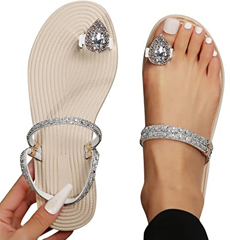 Sandalen Damen, Hausschuhe Damen Strass Zehe Ring Gladiator Schlappen Böhmische Flache Schuhe Sommer Riemchen Strandsandalen Frauen Elegant Sandaletten Slippers Freizeit Flach Latschen