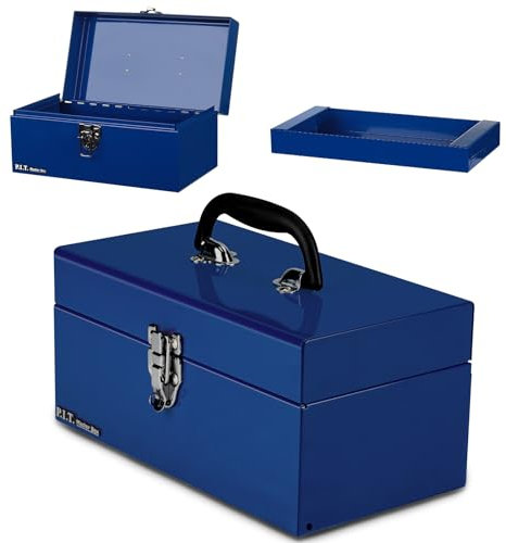 P.I.T. 12’‘ Small Tool Box with Removable Tray, Heavy Steel Construction, Metal Latch Closure, Blue, Lockable, Mini Tool Case for Household & Warehouse Storage