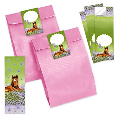 12 Lesezeichen + 12 Geschenktüten (rosa) + 12 Aufkleber Pferd Mitgebselset Gastgeschenke für Kindergeburtstag Mädchengeburtstag