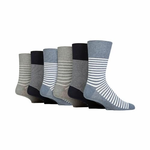 Gentle Grip | 6 Pairs Men's Everyday No Elastic Cotton Socks | Size 6-11 UK (Denim Stripe)
