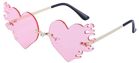 LJCZKA Herz sonnenbrille mit Flammen Damen Herren, Randlose Sonnenbrille Rave Hippie Brille Halloween Party Festival Frauen Unisex