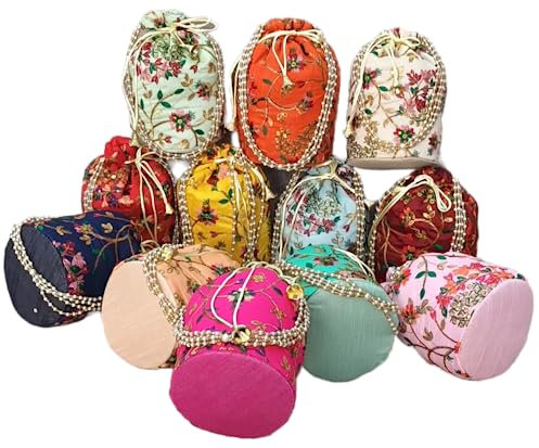 Designer Frauen Stickerei Potli Taschen Hochzeit und Parteien Seide Rückkehr Beutel Tasche Clutch Wristlets handtasche Best for gifting, Mehrfarbig, Large