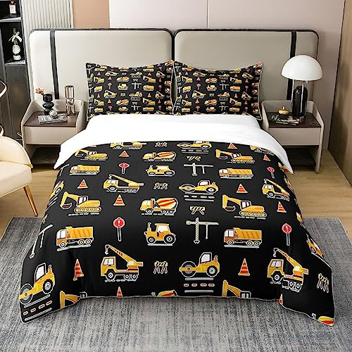 100% Bio Baumwolle Kinder Bagger Bettbezug 155x220,Gelbe Traktor Bettwäsche Set,Cartoon LKW Kran Tröster Abdeckung für Jungen,Baufahrzeuge Bett Sets mit1 Kissenbezug