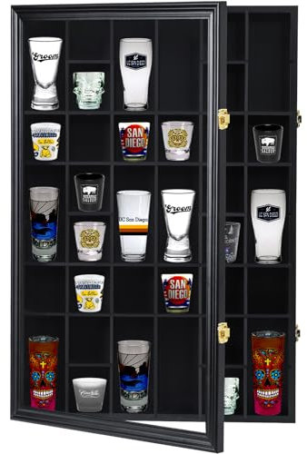 Furnishh 36 Slots Shot Glass Display Case with Lockable Door, Solid Wood Cabinet Collection Holder Wall Mounted Shot Glass Display Storage Box with Removable Shelves, 18x26, Black