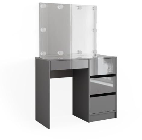 Vicco tavolo da toeletta Sherry, Grigio lucido, 90 cm con illuminazione LED e sgabello