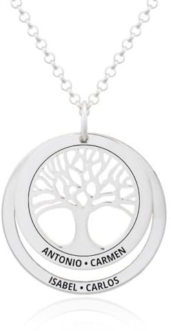Collar Árbol de la Vida en Plata de Ley 925 personalizable. Cadena de 45cm. Regalo ideal madre abuela con nombres familia. Cumpleaños, Navidad. Hecho en España. (Collar Árbol de la Vida + 1 Aro)