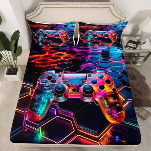 Teens Gaming Fitted Sheet Single Size, Modern Gamer Bed Cover with 1 Pillowcase, Honeycomb Gamepad Bedding Set 2pcs for Kids Boys Adults Game Room Decor, Soft Polyester Bedding