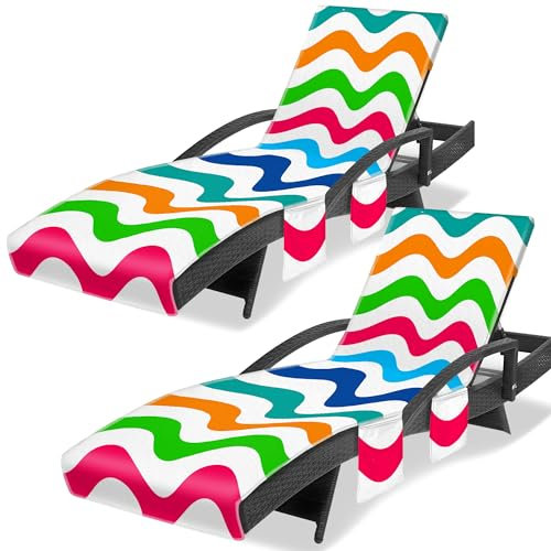 Ruikyhom Handtuchbezug für Loungesessel, gewellt, gestreift, für Chaiselongue (2 Stück), Strandkorbabdeckungen mit 3 Taschen, für Pool, Strand, Garten, Hof, Outdoor-Ausflüge, 215,9 x 76,2 cm, buntes