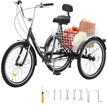 VEVOR Adult Tricycles Bike, 7 Speed Adult Trikes, 24 Inch Three-Wheeled Bicycles, Carbon Steel Cruiser Bike with Basket and Adjustable Seat, Picnic Shopping Tricycles for Seniors, Women, Men (Black)