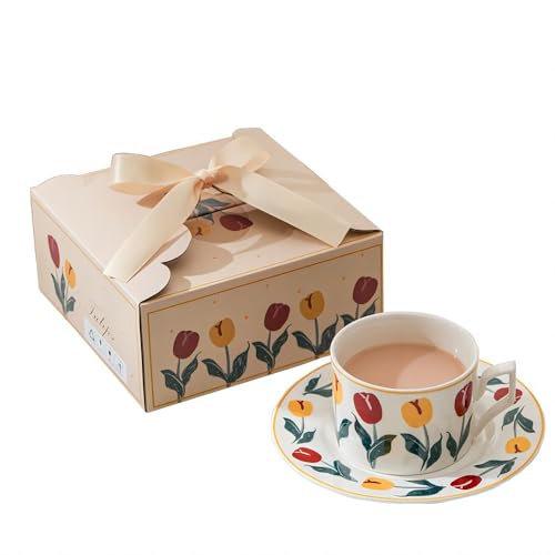 Wind Retro Tulip - Juego de taza de café con platillos y taza de té de la tarde