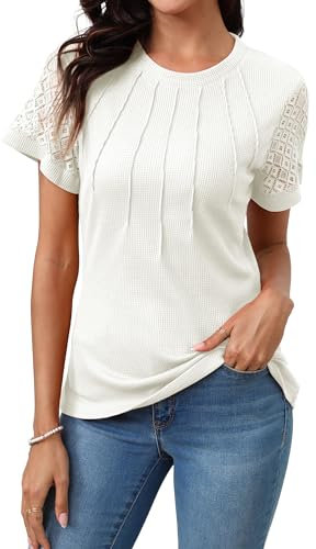 Supersun Oberteile Damen Sommer Elegant Tshirt Spitze Plissee Schicke Shirt Mode Waffel Kurzarmshirt Rundhals Schön Sommershirt Weiß Größe M
