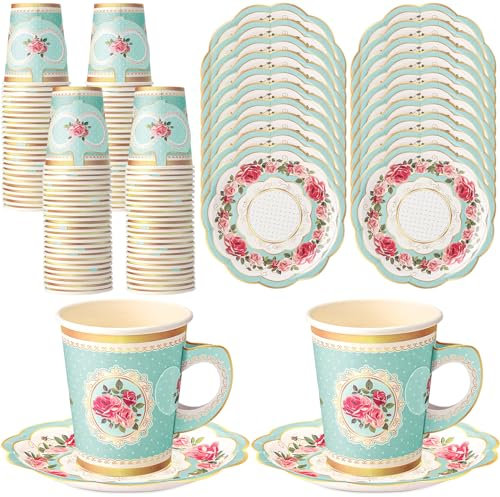 Tioncy 100 decorazioni per feste da tè, includono 50 tazze da tè di carta da 255,1 g con manico e 50 piatti usa e getta tazze da tè e piattini, set per compleanno di ragazze (floreale blu)